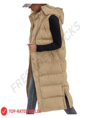 Long Quilted Puffer Vest with Hood Sleeveless Winter Coat
